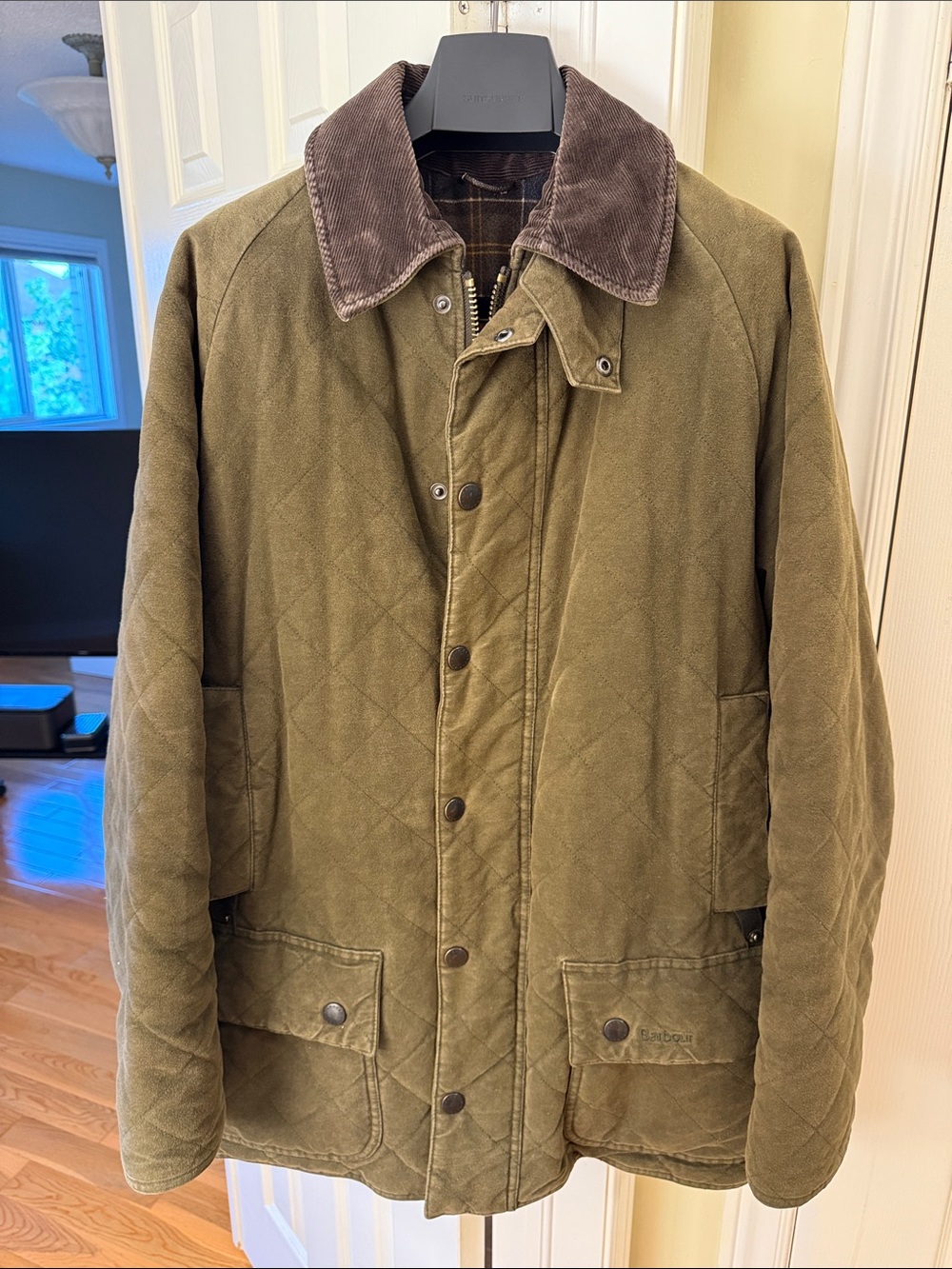 Barbour Olive Quilted Jacket with Brown Cord Collar